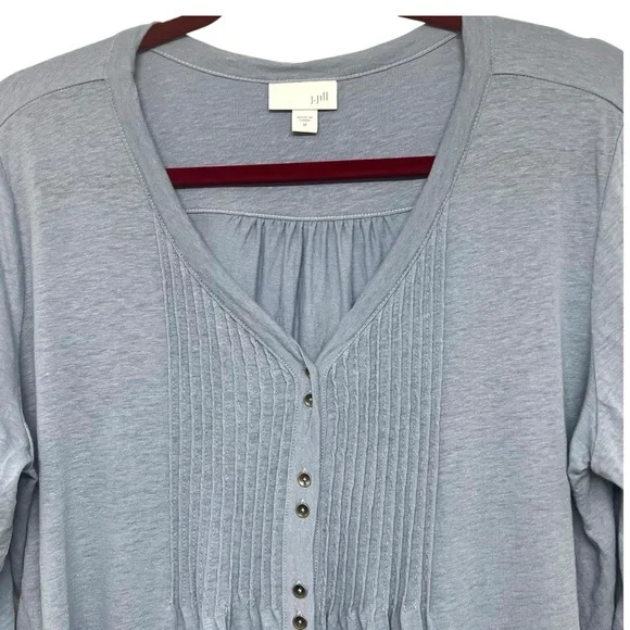 J. Jill Slate Blue Linen Modal Pintuck Button Front Casual Blouse Top Medium - Picture 5 of 9